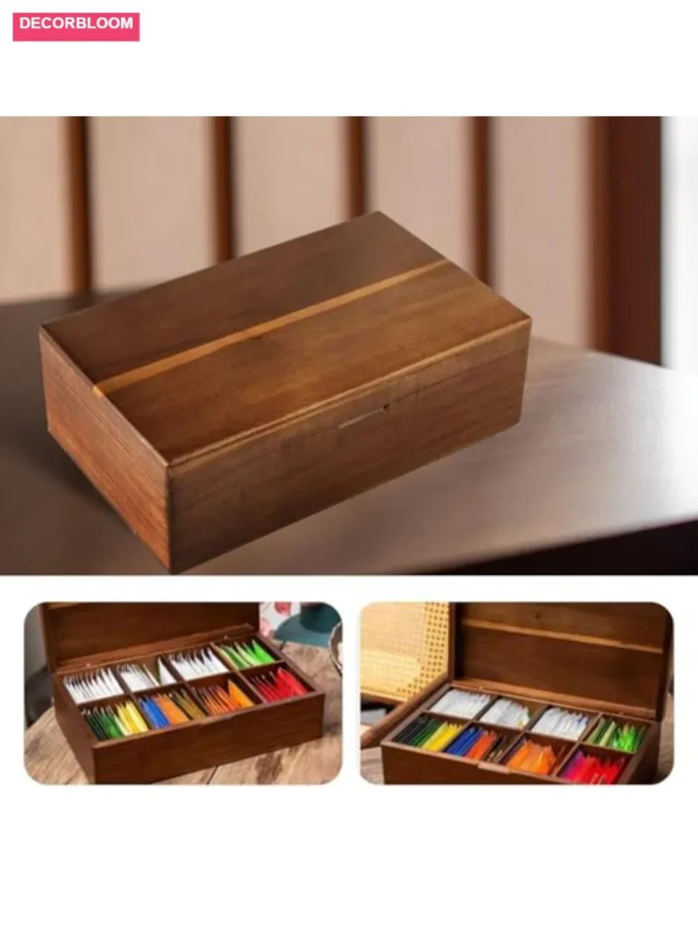 Acacia Wood Tea Bag Organizer with Magnetic Lid, 8 Compartments